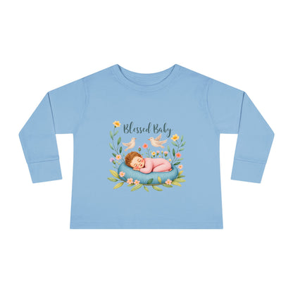 Blessed Baby Toddler Long Sleeve Tee — Cute Sleeping Newborn Floral Design