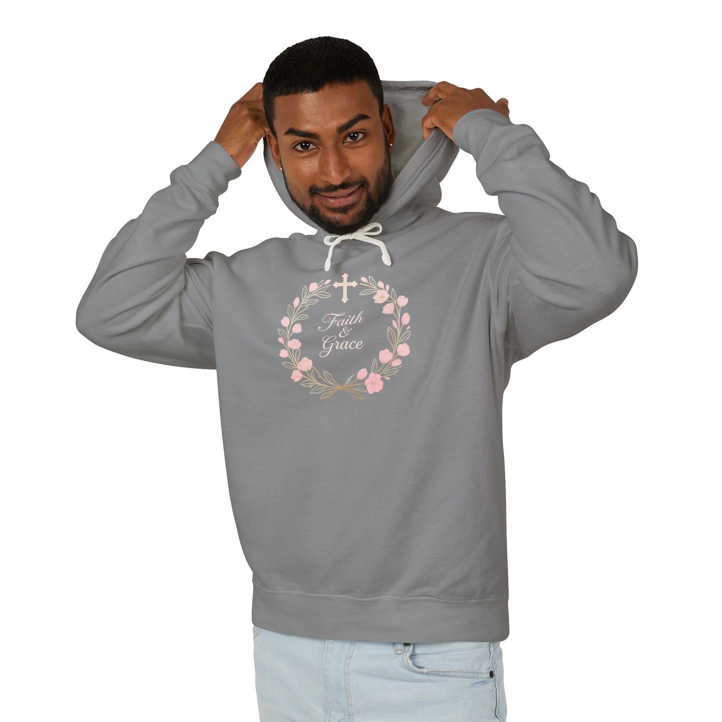 Faith & Grace Blush Rose Hoodie — Lightweight Floral Cross Pullover