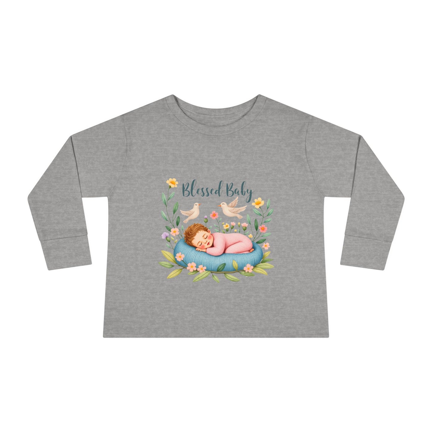 Blessed Baby Toddler Long Sleeve Tee — Cute Sleeping Newborn Floral Design