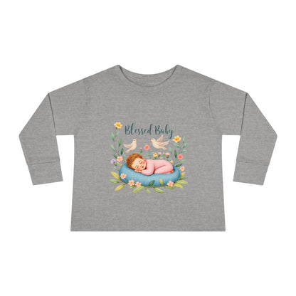 Blessed Baby Toddler Long Sleeve Tee — Cute Sleeping Newborn Floral Design