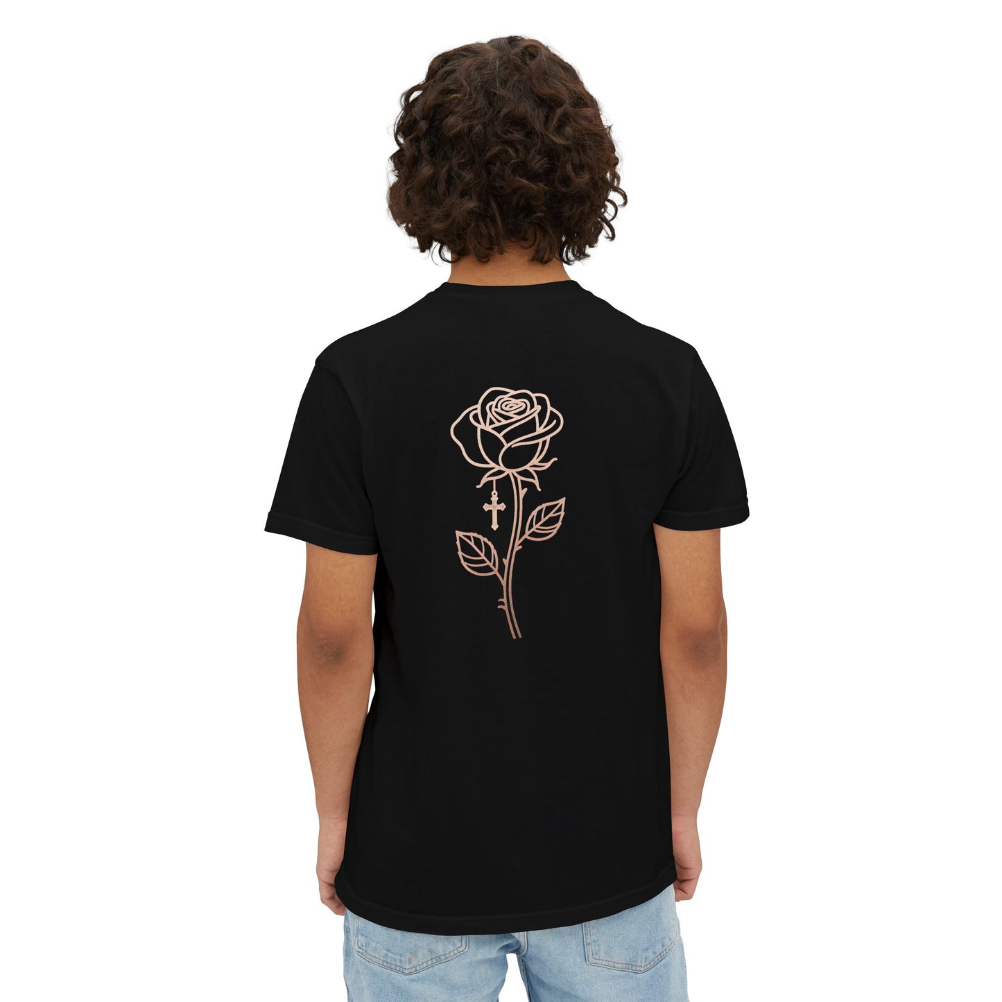 Garment-Dyed Pocket Tee — Rose Line-Art Back Design