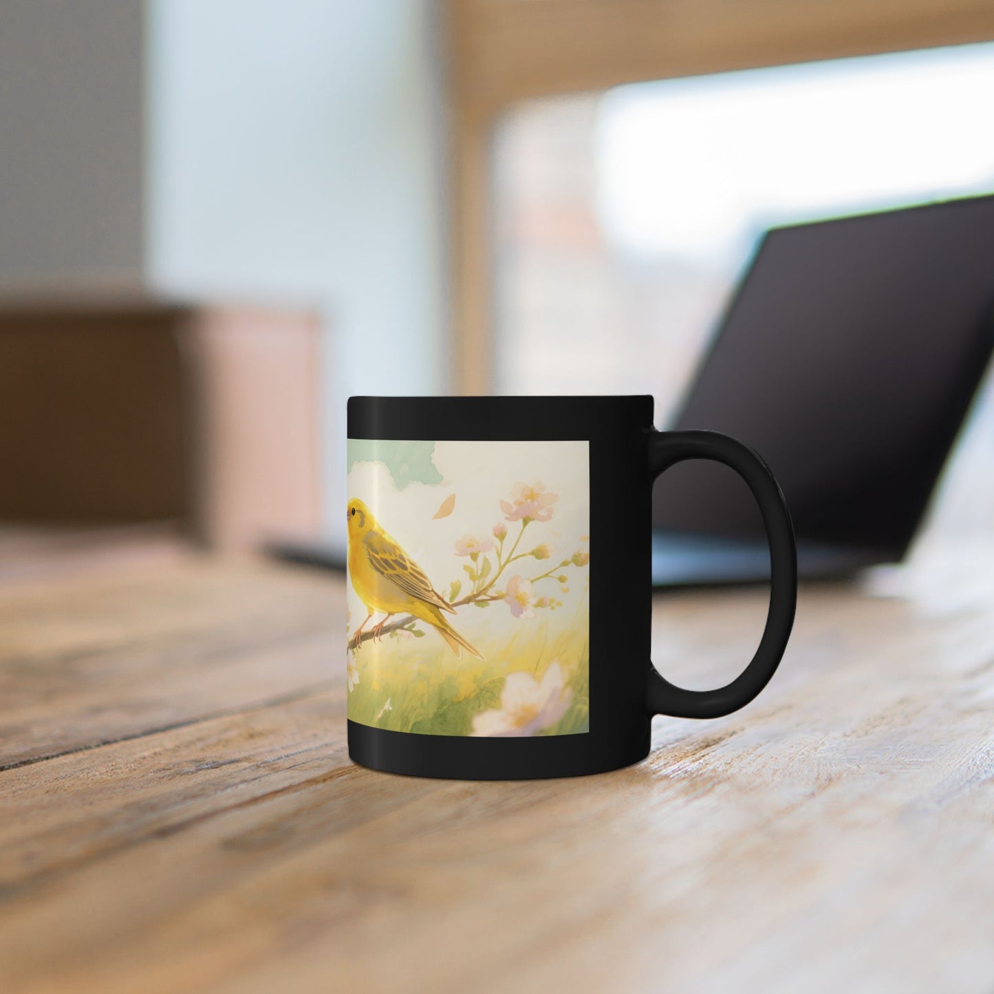 Yellow Songbird on Branch Mug | Black Coffee Cup with Floral Illustration