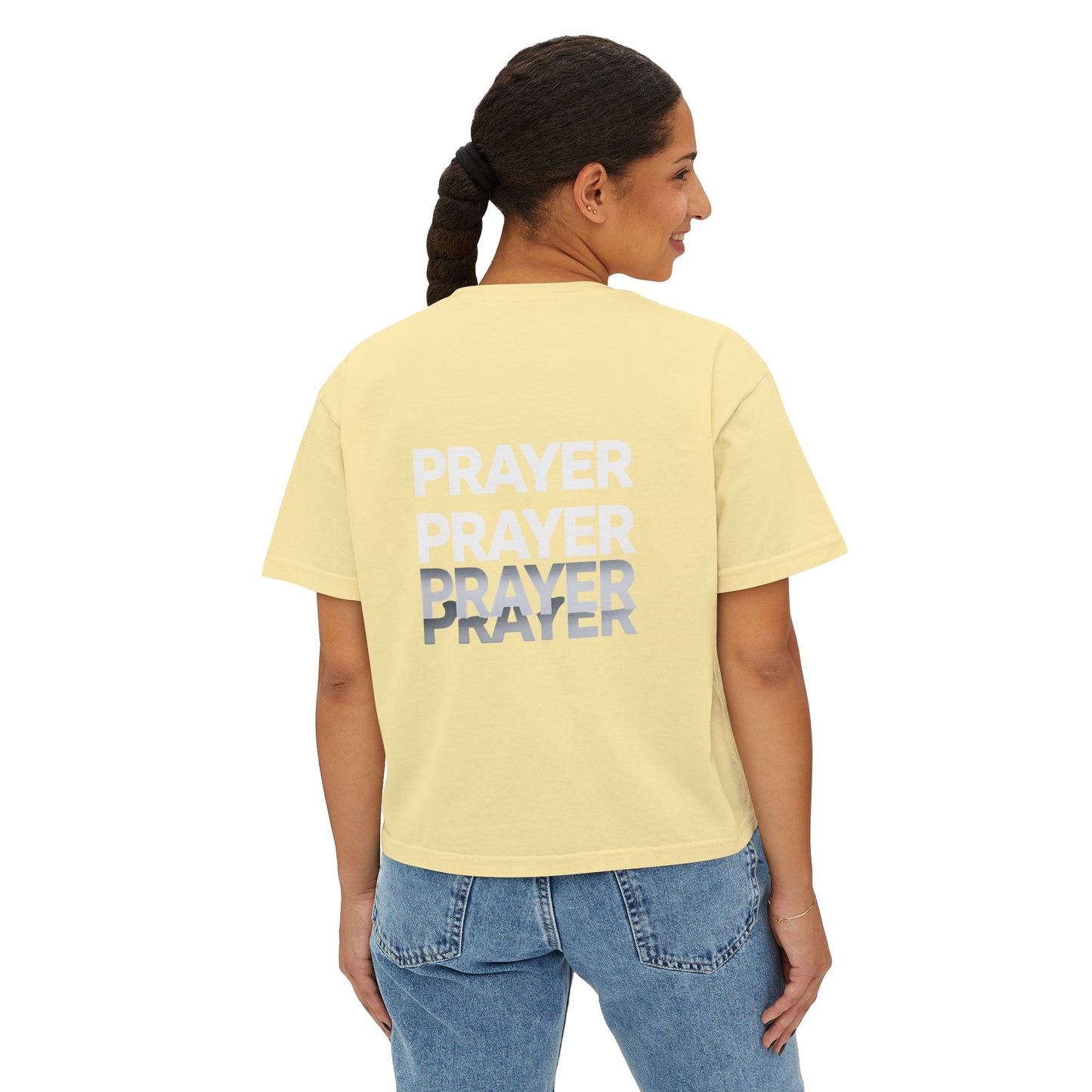 Prayer Boxy Tee — Women's Spiritual Graphic Top (Prayer Repeated Design)