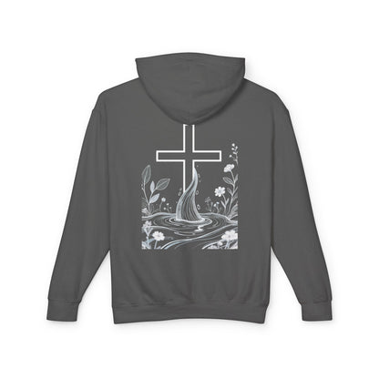 Lightweight Faith Hoodie — Subtle Cross & Stream Design