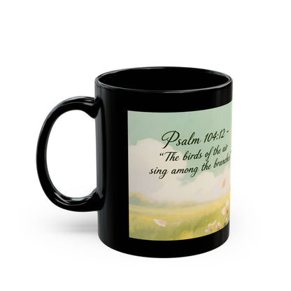 Yellow Songbird on Branch Mug | Black Coffee Cup with Floral Illustration