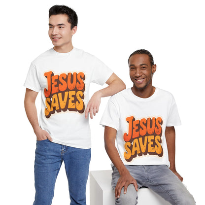 Jesus Saves Retro Tee — Bright Sunset Faith T-Shirt
