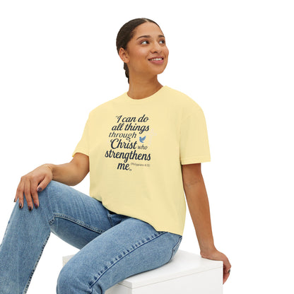 Christian Graphic Boxy Tee — "I Can Do All Things Through Christ" Inspirational Women’s T‑Shirt