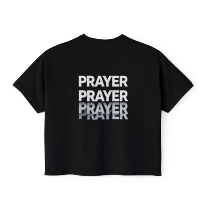 Prayer Boxy Tee — Women's Spiritual Graphic Top (Prayer Repeated Design)