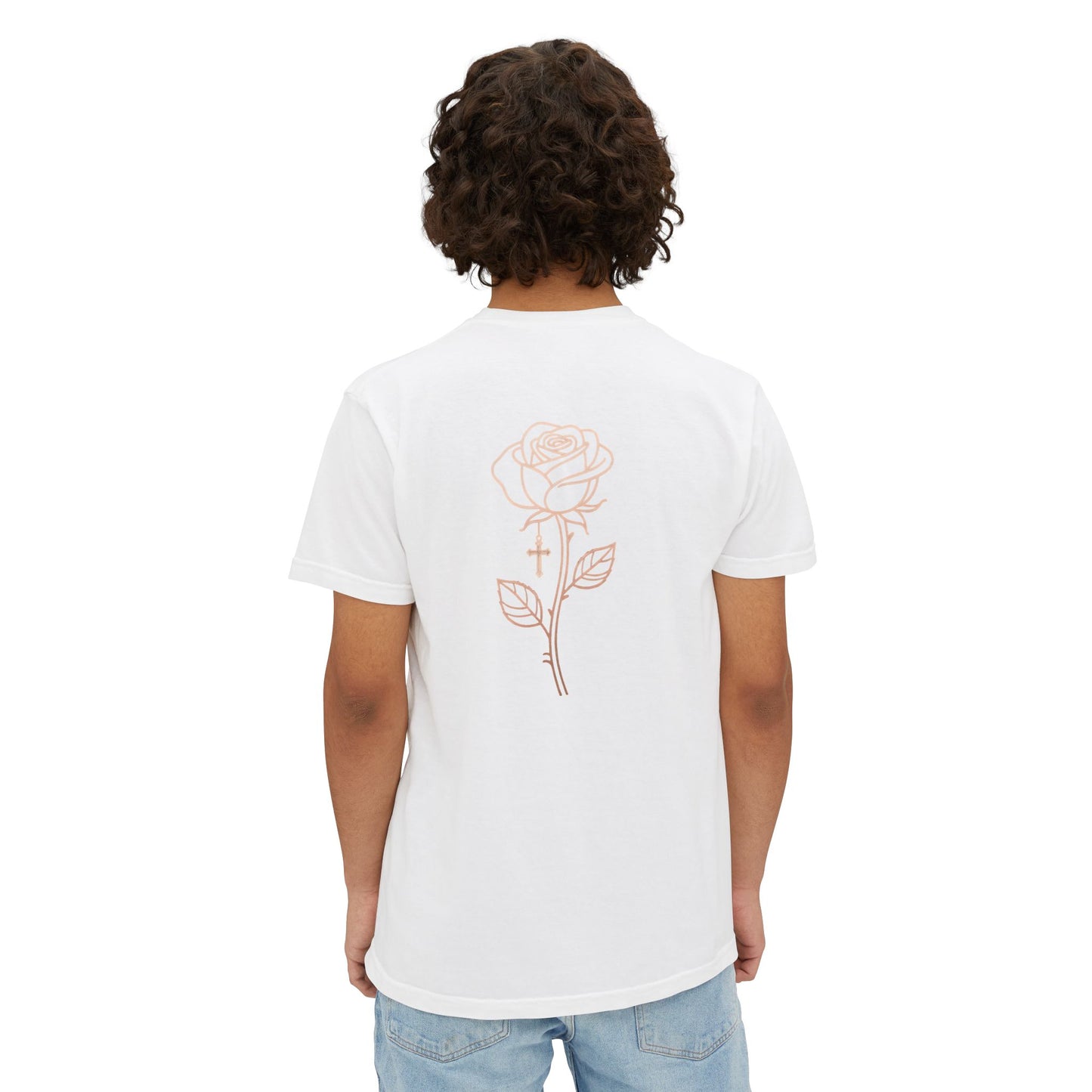 Garment-Dyed Pocket Tee — Rose Line-Art Back Design