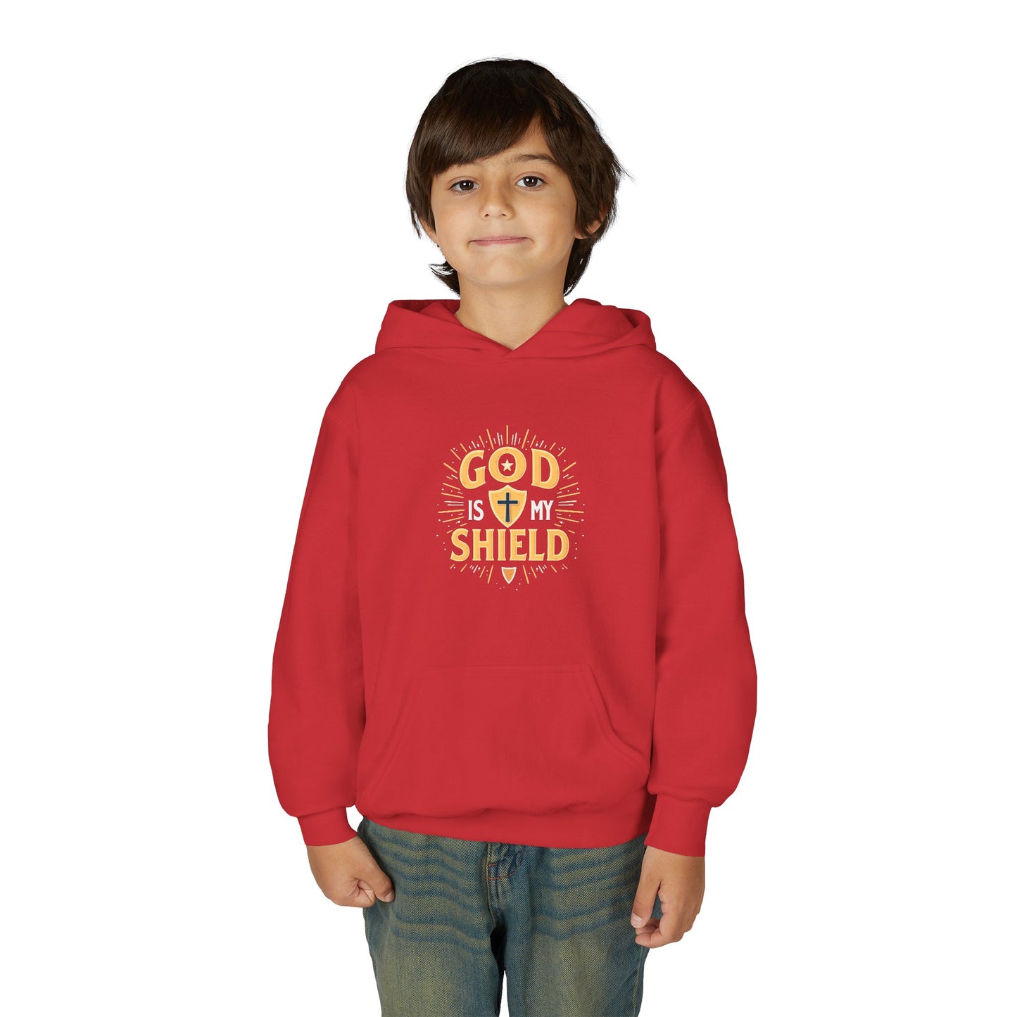 Youth Hoodie — "God Shield" Faith Graphic Pullover