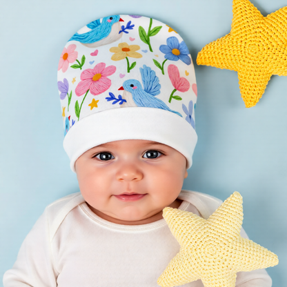 Baby Beanie — Pastel Floral & Bluebird Knit Hat for Newborns