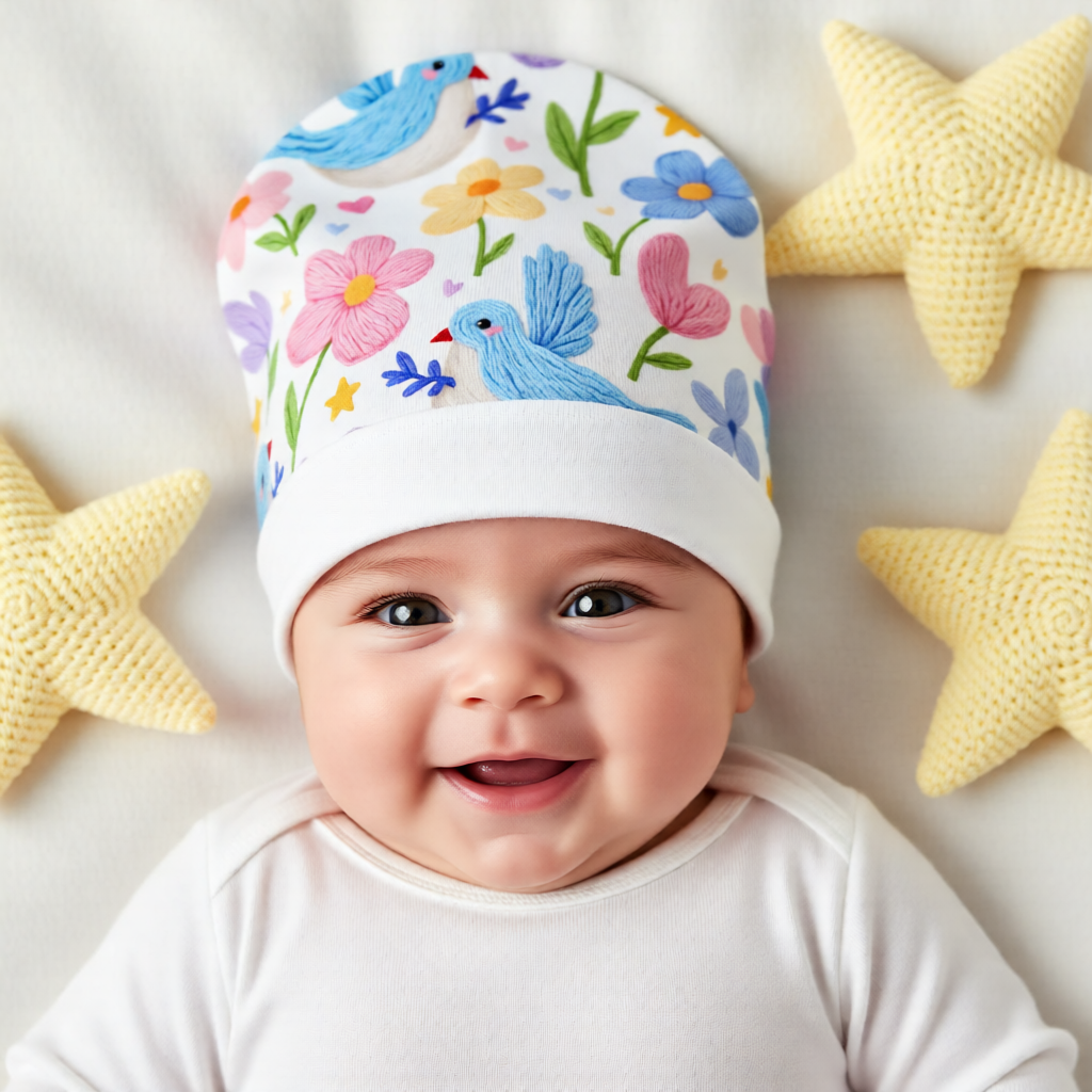 Baby Beanie — Pastel Floral & Bluebird Knit Hat for Newborns