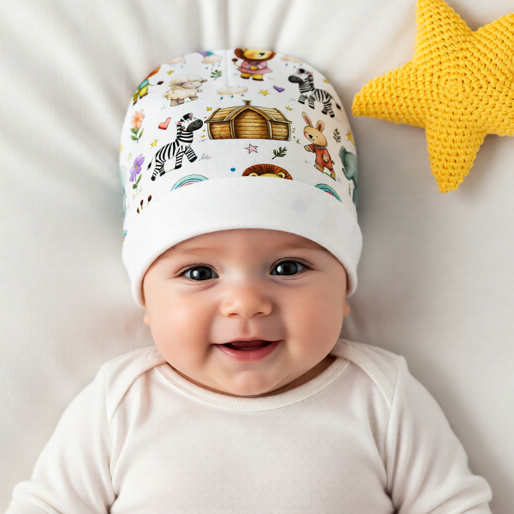 Baby Beanie — Hand-Drawn Safari Animals Newborn Hat