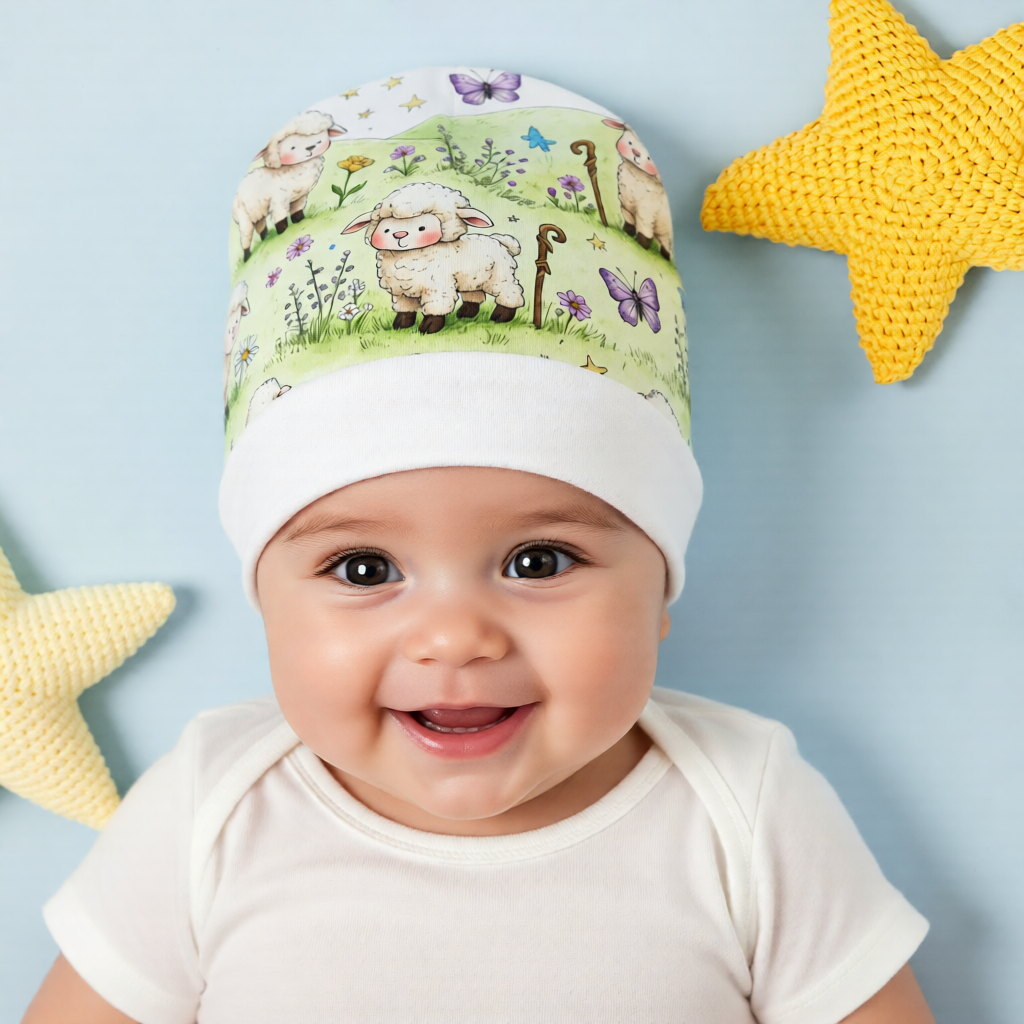 Newborn Baby Beanie — Watercolor Lambs & Butterflies Storybook Knit