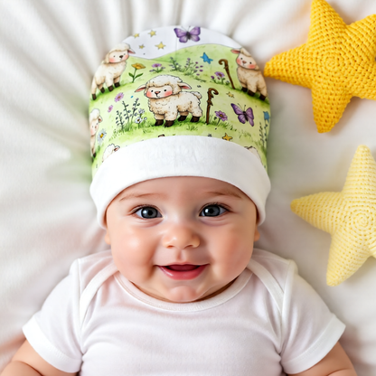 Newborn Baby Beanie — Watercolor Lambs & Butterflies Storybook Knit