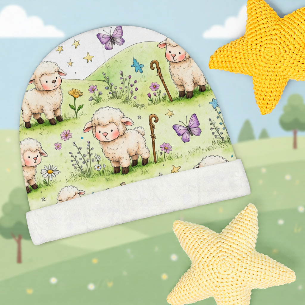 Newborn Baby Beanie — Watercolor Lambs & Butterflies Storybook Knit