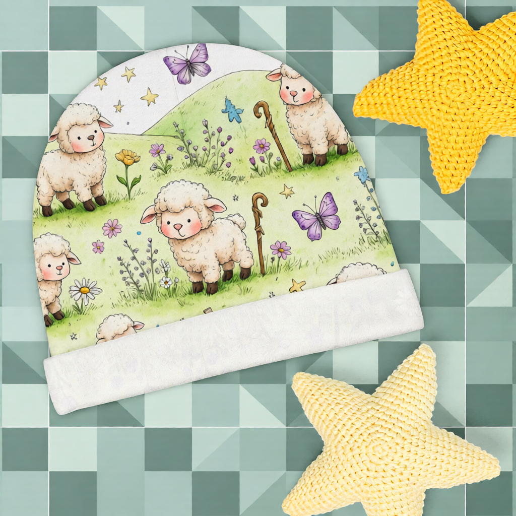 Newborn Baby Beanie — Watercolor Lambs & Butterflies Storybook Knit
