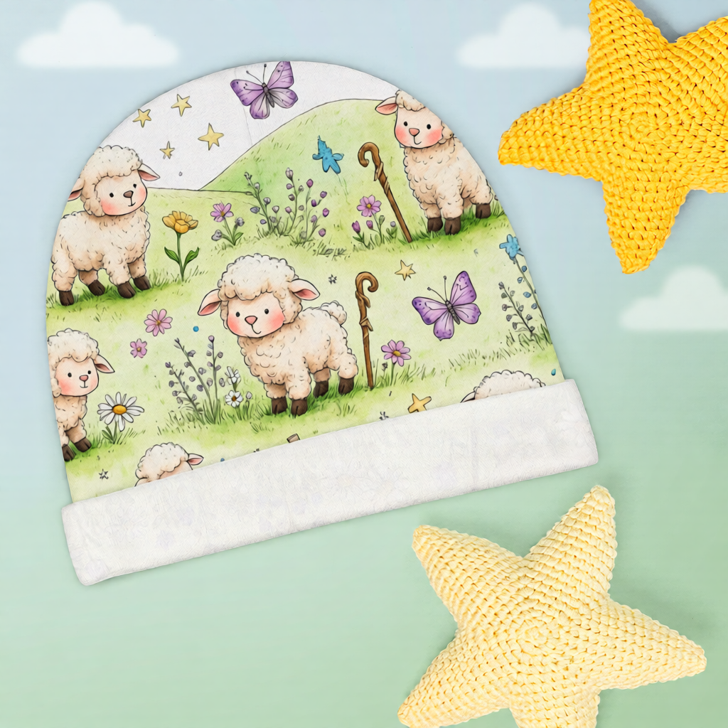 Newborn Baby Beanie — Watercolor Lambs & Butterflies Storybook Knit