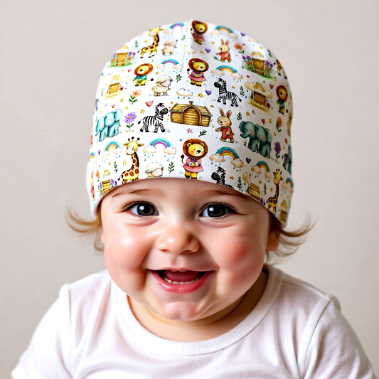 Baby Beanie - Watercolor Safari Animals Newborn Hat, Cute Nursery Gift
