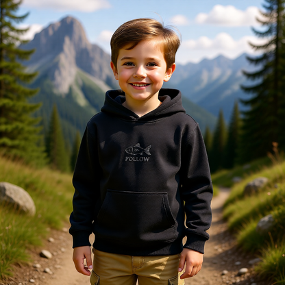 Kids Embroidered 'FOLLOW' Fish Fleece Hoodie