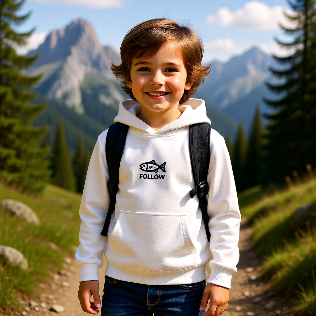 Kids Embroidered 'FOLLOW' Fish Fleece Hoodie