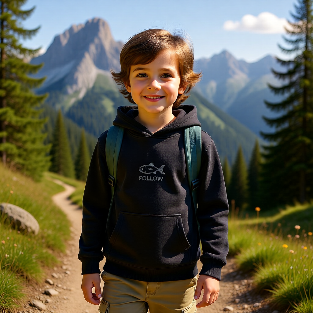 Kids Embroidered 'FOLLOW' Fish Fleece Hoodie
