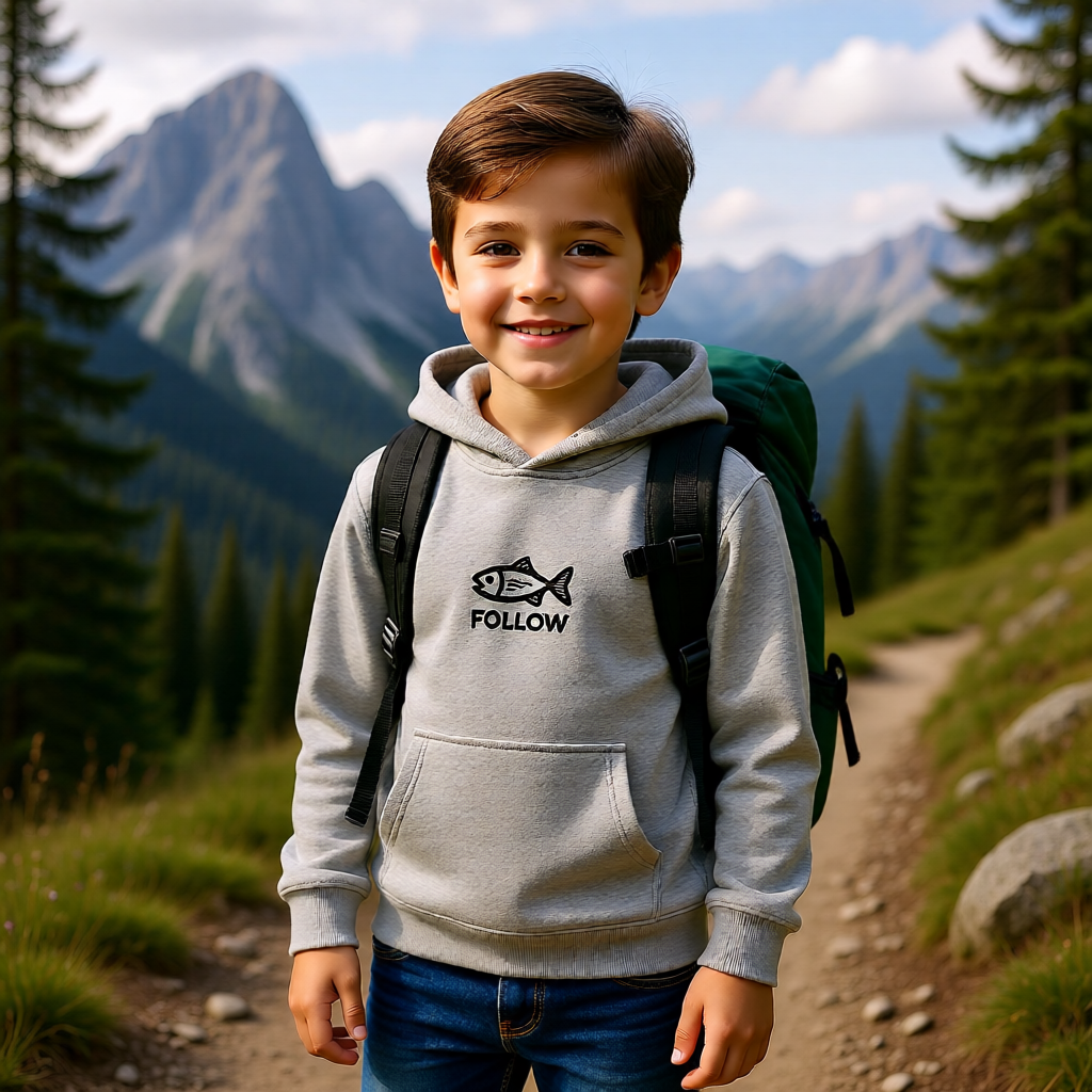 Kids Embroidered 'FOLLOW' Fish Fleece Hoodie