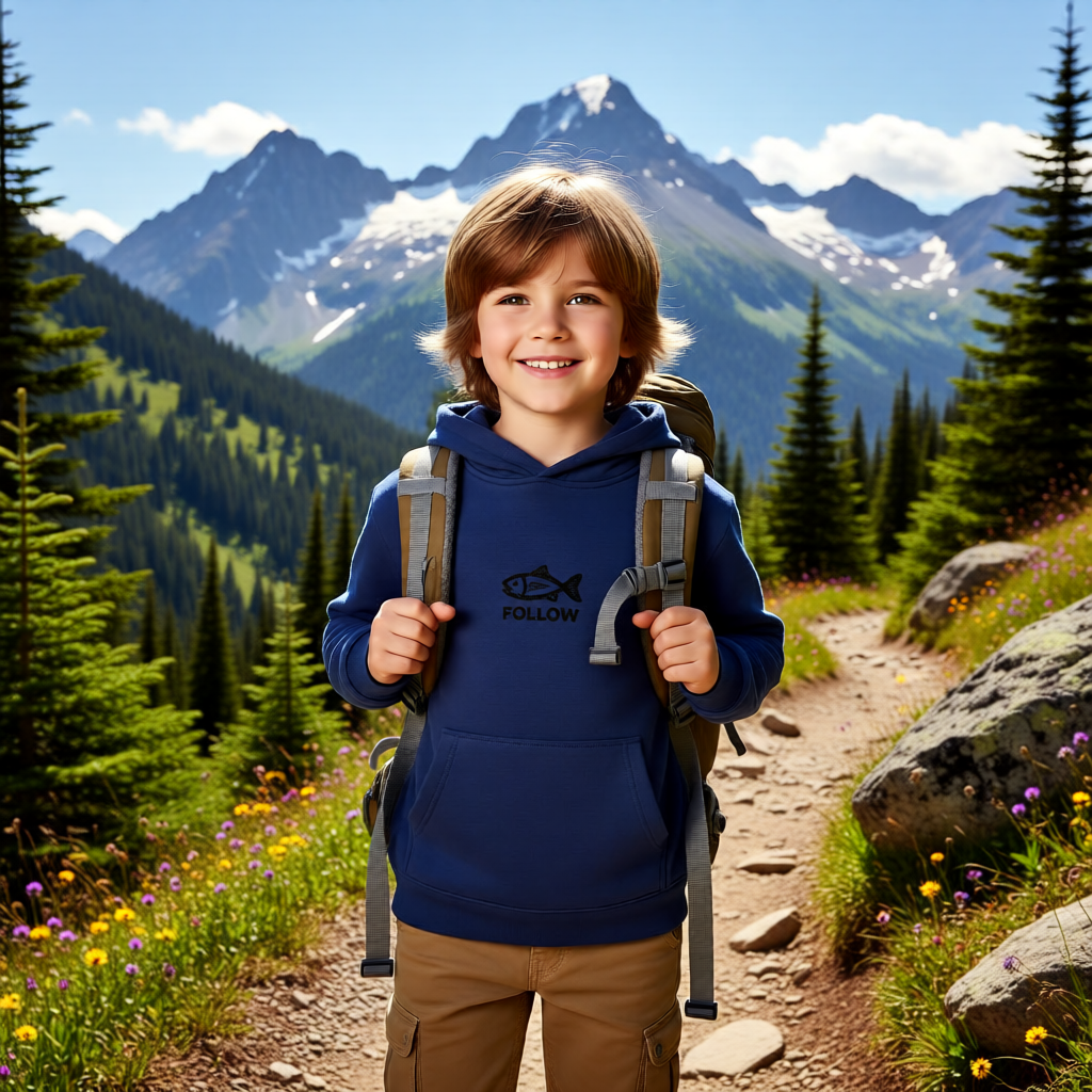 Kids Embroidered 'FOLLOW' Fish Fleece Hoodie