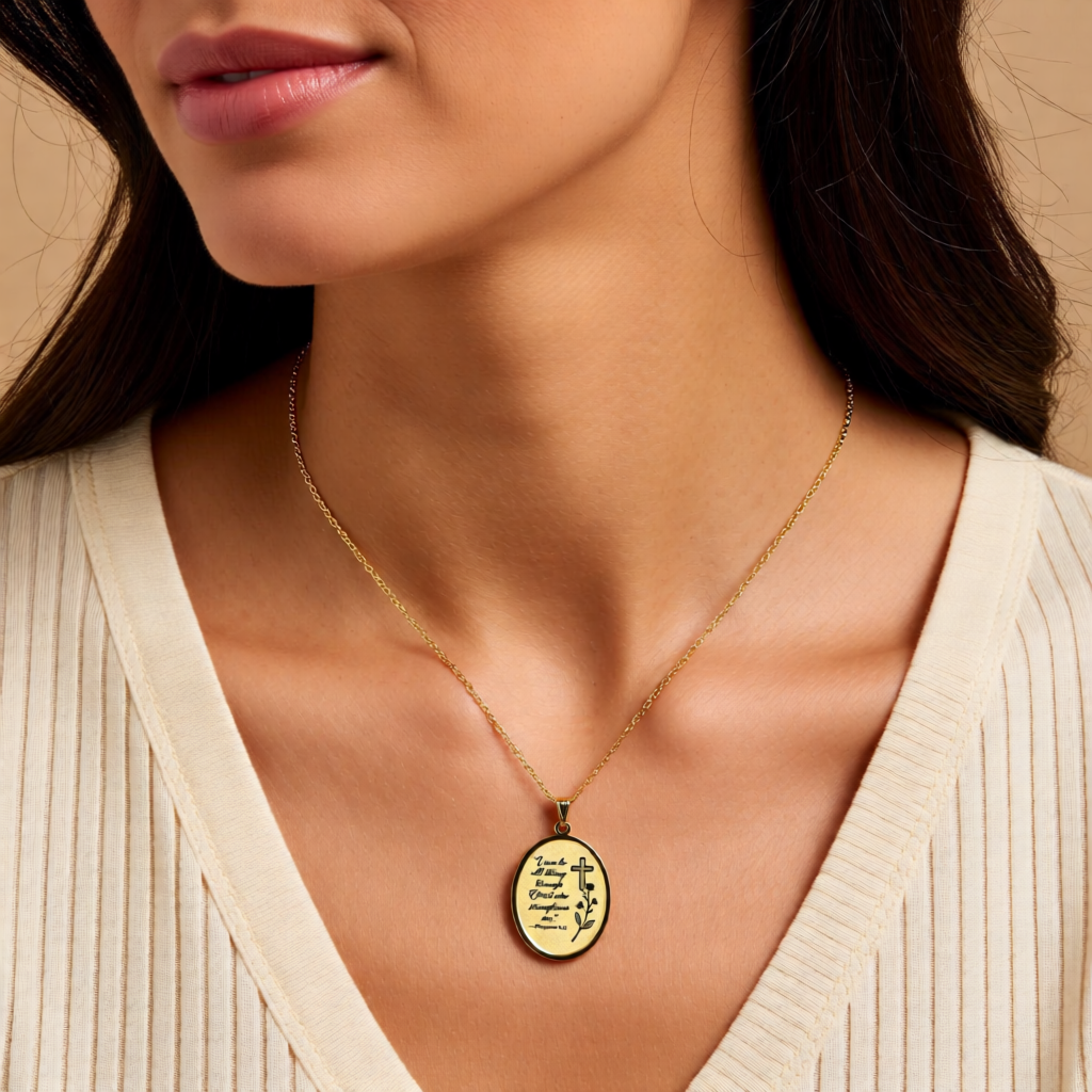 Philippians 4:13 Oval Pendant Necklace — Inspirational Cross Floral Engraved Jewelry (Gold/Silver)