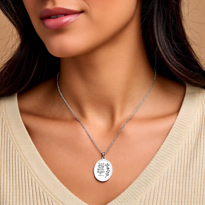 Philippians 4:13 Oval Pendant Necklace — Inspirational Cross Floral Engraved Jewelry (Gold/Silver)