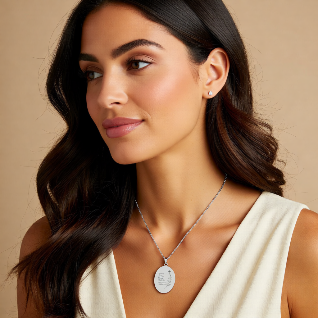 Engraved Oval Pendant Necklace — "I can do all things through Christ" Inspirational Religious Jewelry