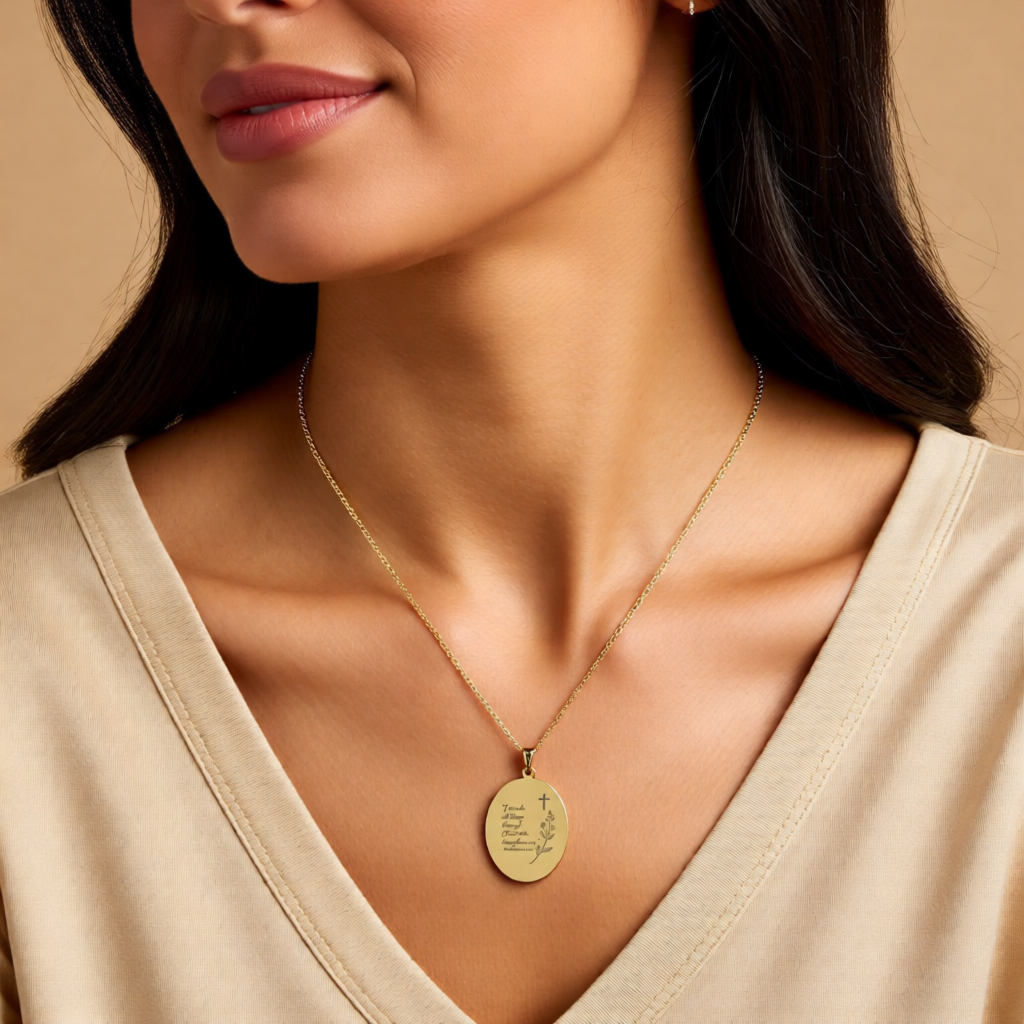Engraved Oval Pendant Necklace — "I can do all things through Christ" Inspirational Religious Jewelry