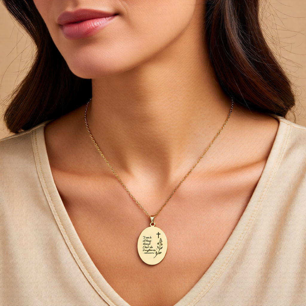 Engraved Oval Pendant Necklace — "I can do all things through Christ" Inspirational Religious Jewelry