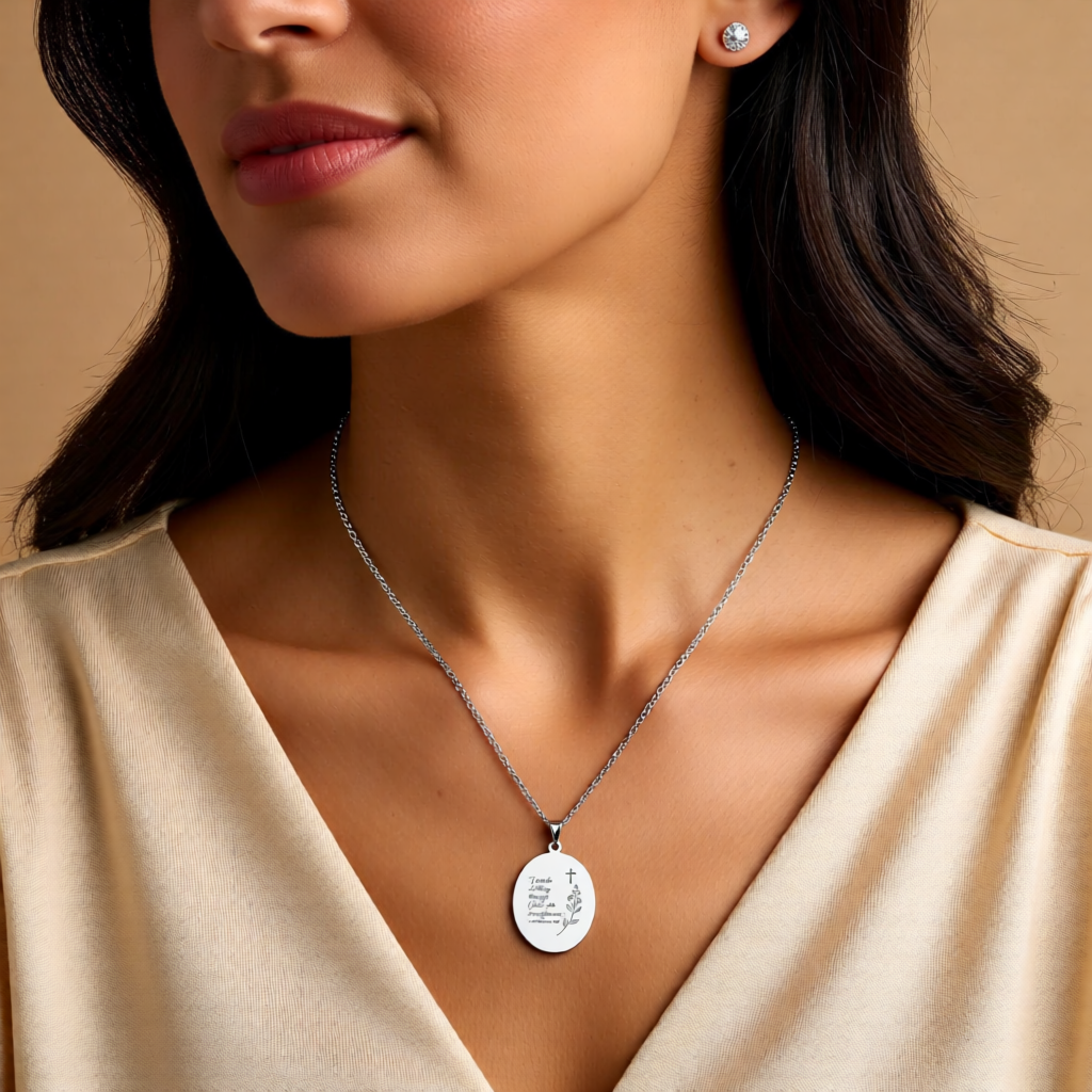 Engraved Oval Pendant Necklace — "I can do all things through Christ" Inspirational Religious Jewelry