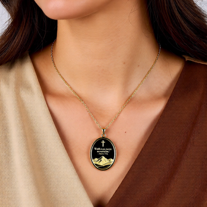Faith Can Move Mountains Oval Pendant Necklace — Matthew 17:20 Inspirational Christian Jewelry