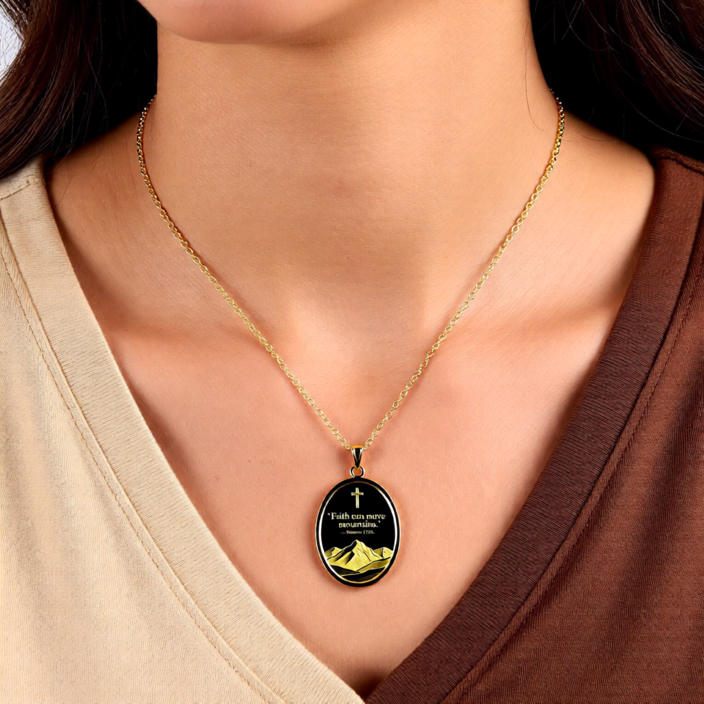 Faith Can Move Mountains Oval Pendant Necklace — Matthew 17:20 Inspirational Christian Jewelry