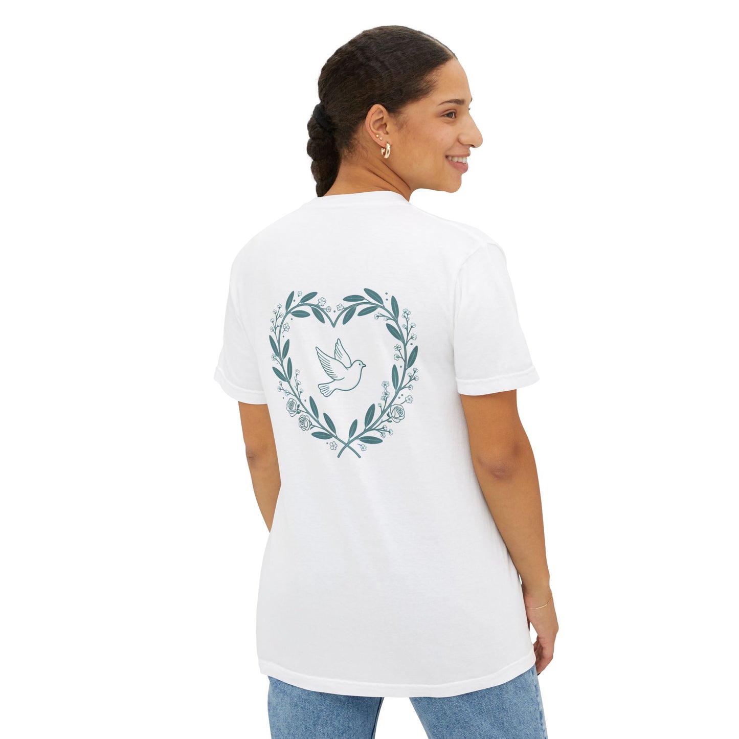 Pocket T-Shirt — Peace Dove Heart Back Graphic