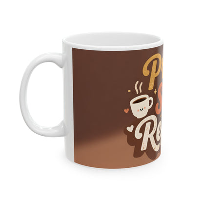 Pray Sip Repeat Mug | Ceramic Coffee Cup, Brown Stripes