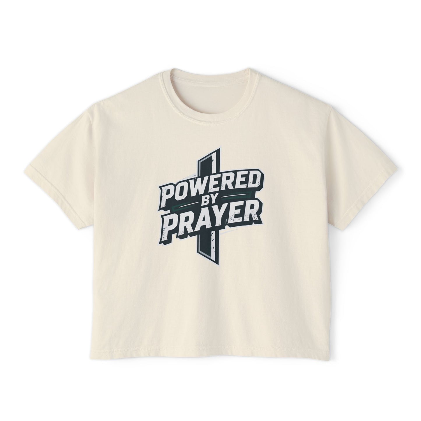 Powered by Prayer Boxy Tee — Women's Christian Graphic Shirt
