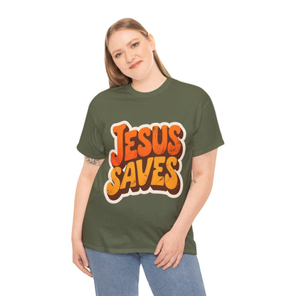 Jesus Saves Retro Tee — Bright Sunset Faith T-Shirt