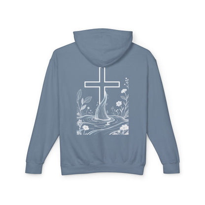 Lightweight Faith Hoodie — Subtle Cross & Stream Design