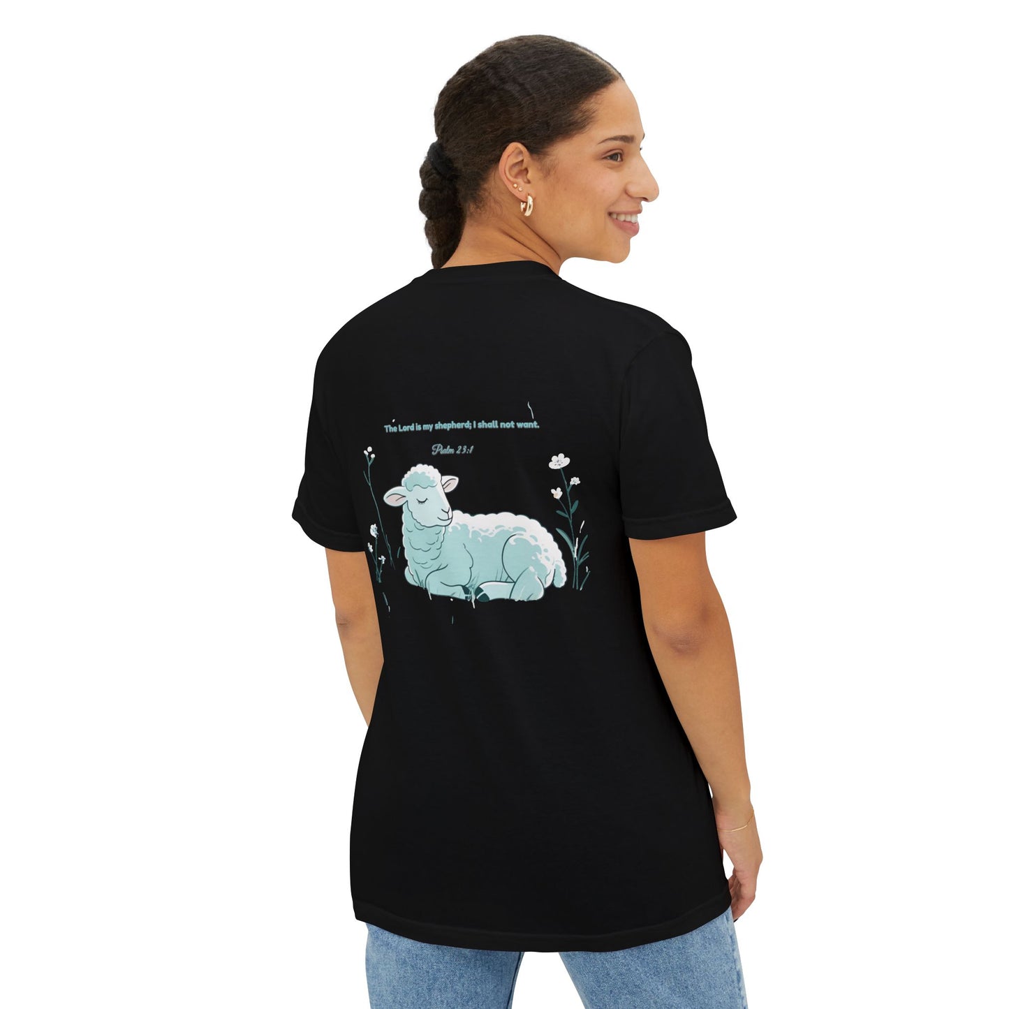 Lamb Rest Pocket T‑Shirt — Vintage Seafoam Pocket Tee with Script Verse