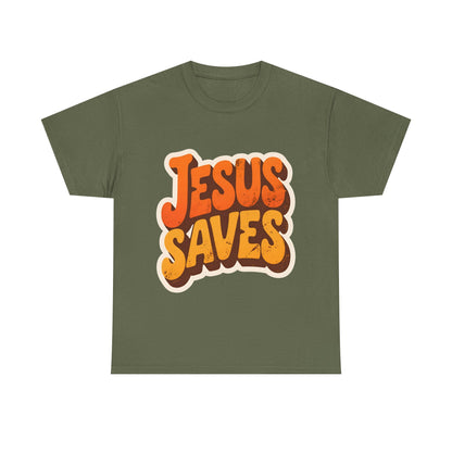 Jesus Saves Retro Tee — Bright Sunset Faith T-Shirt
