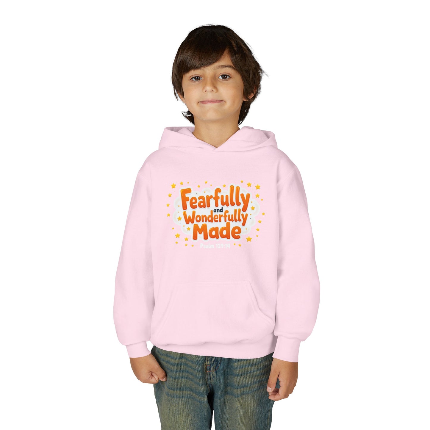 Youth Hoodie — "Fearfully & Wonderfully Made" Christian Kids Sweatshirt (Psalm 139:14)