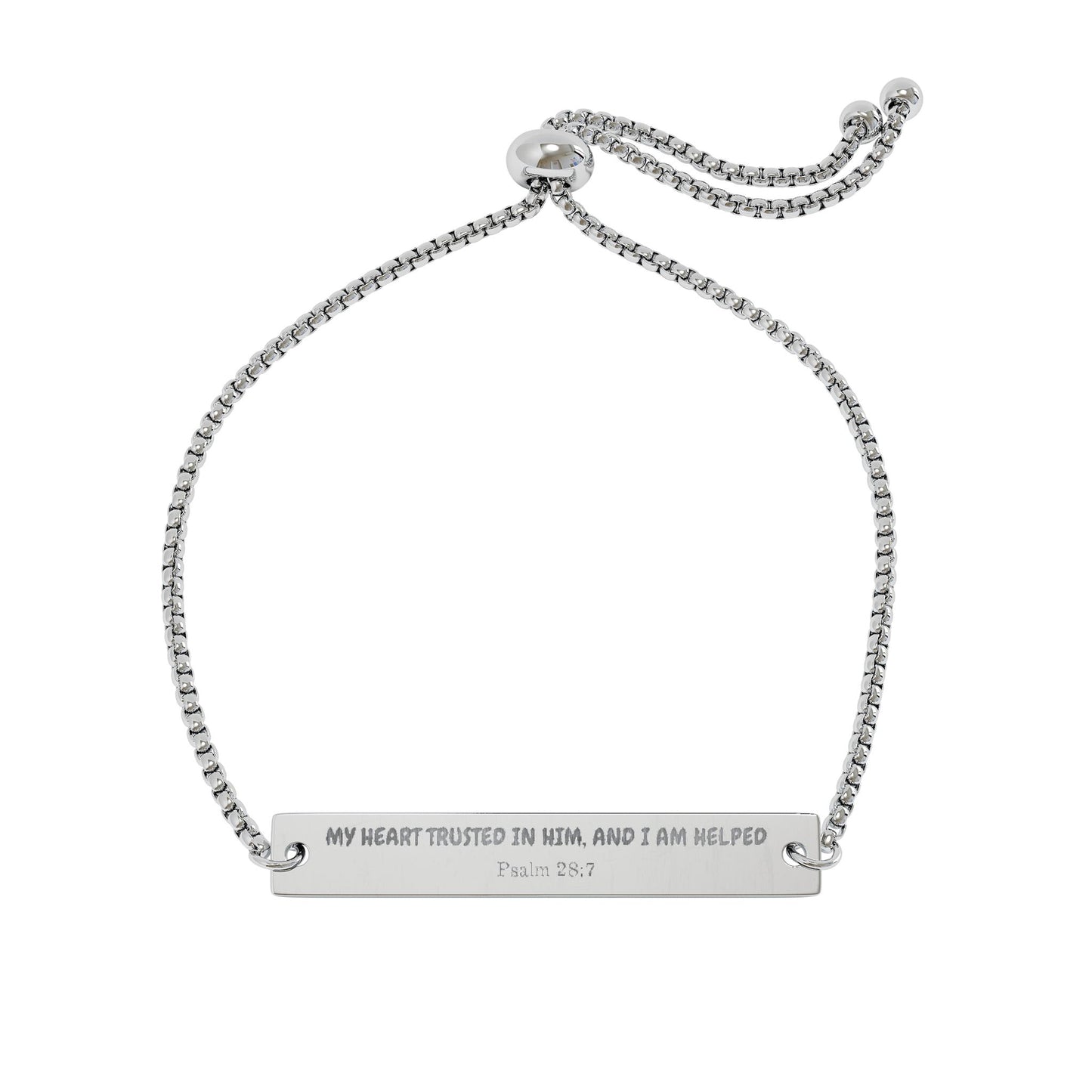 Psalm 28:7 My Heart Trusted In Him Engraved Bar Bracelet – Adjustable Gold & Rose Gold Nameplate