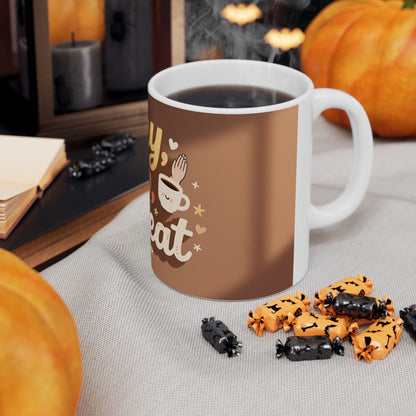Pray Sip Repeat Mug | Ceramic Coffee Cup, Brown Stripes