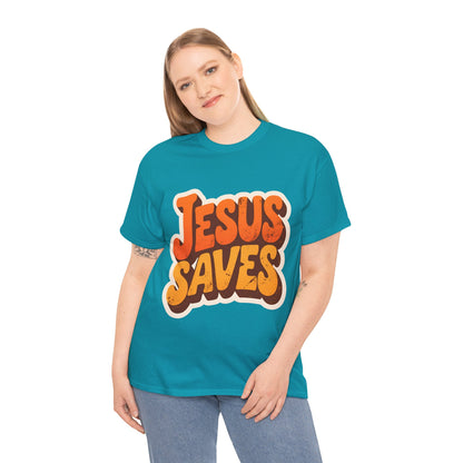 Jesus Saves Retro Tee — Bright Sunset Faith T-Shirt