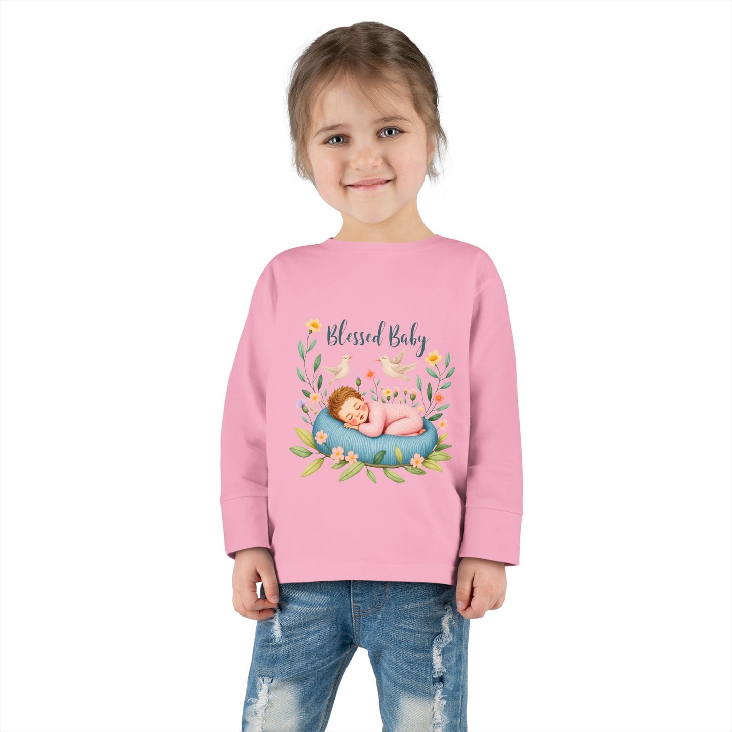 Blessed Baby Toddler Long Sleeve Tee — Cute Sleeping Newborn Floral Design