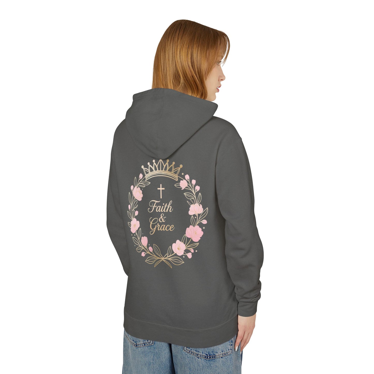 Faith & Grace Blush Rose Hoodie — Lightweight Floral Cross Pullover