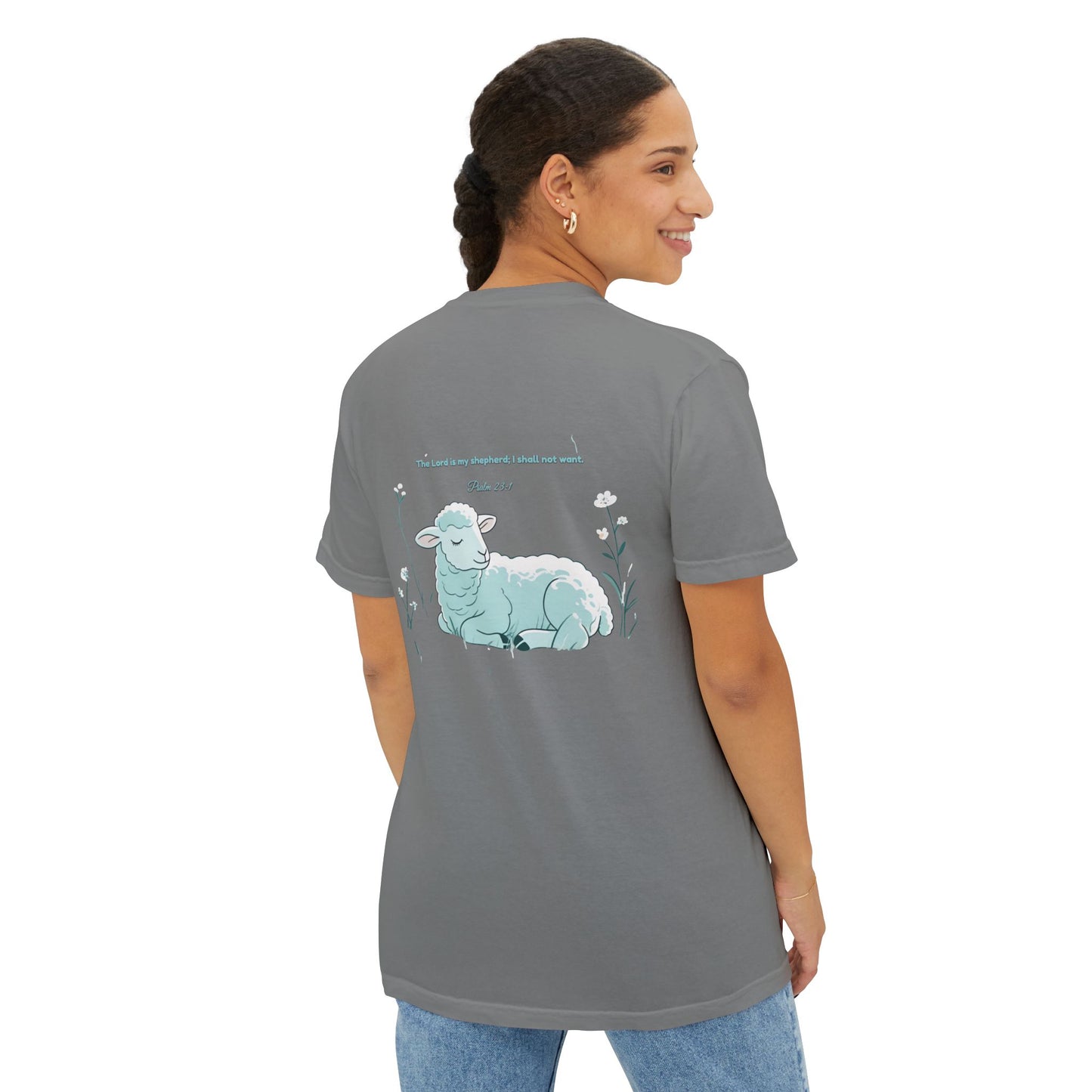 Lamb Rest Pocket T‑Shirt — Vintage Seafoam Pocket Tee with Script Verse